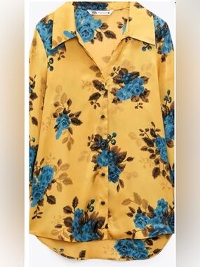 Zara  Yellow Button-Front Floral Satin Shirt with Blue Roses